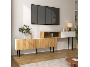 Meuble tv modenvie modulable à longueur réglable avec rangement blanc mat et décor bois
