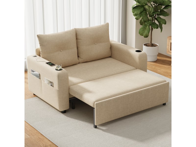 Canapé convertible 2 places beige en tissu effet lin, canapé 3 en 1 avec fonction couchage, ports usb et usb-c, 131 x 81 x 94 cm - Conforama W