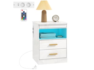 Table de chevet avec station de charge et éclairage led rgb, blanc brillant