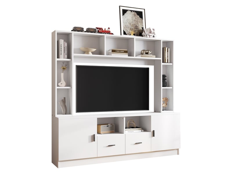  Ensemble meuble tv mural avec vitrine et étagères pour écran jusqu'à 60 pouces, 180cm, blanc  - Conforama A