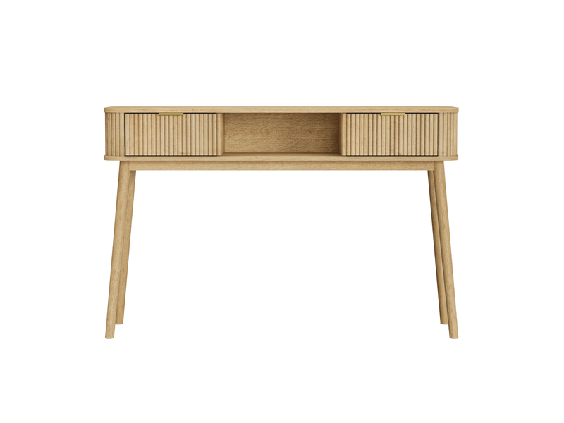  Console style mid-century, finition aspect chêne, 2 tiroirs et niche ouverte, 120 x 35 x 77,6 cm  - Conforama A