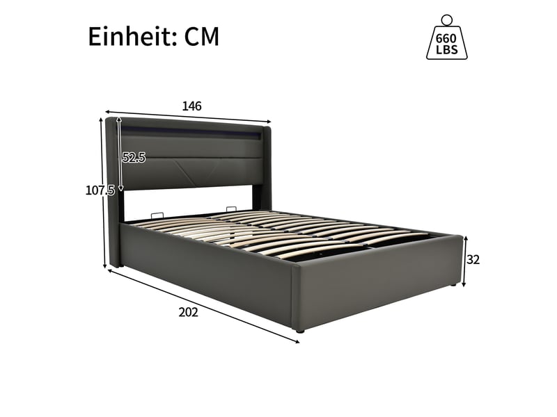 Lit coffre 140x200 cm - lit coffre capitonné double avec tête de lit led et coffre hydraulique, pu gris, matelas inclus - Conforama C