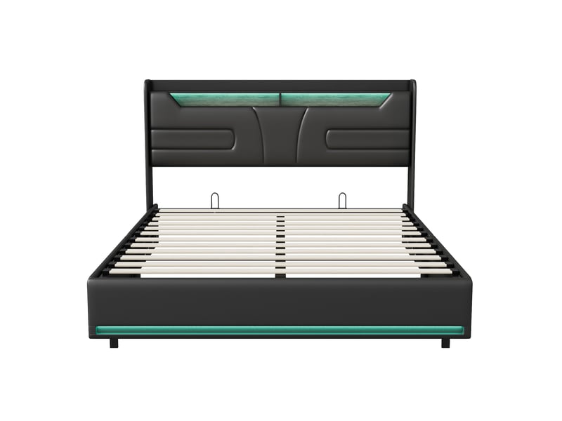  Lit coffre 140x190 cm avec rangement hydraulique, led et usb ports, lit adultes avec sommier à lattes et tête de lit, lit double pour adulte et adolescent, sans matelas, noir pu  - Conforama E