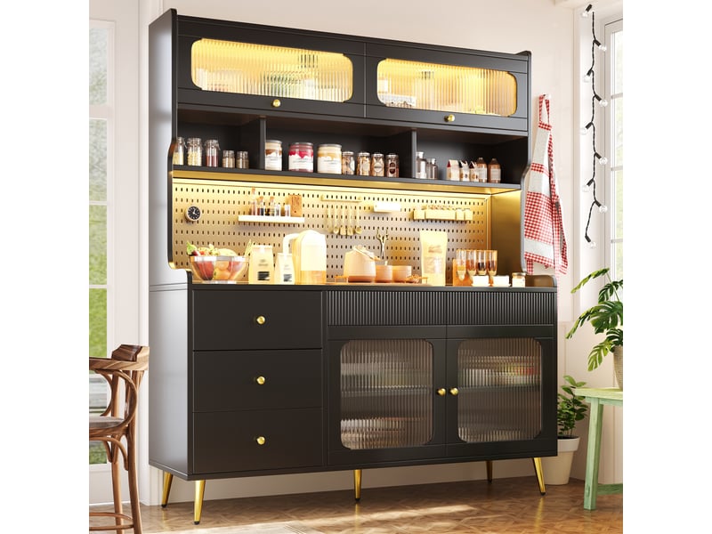 Buffet moderne avec éclairage led et contrôle par application, colonne de rangement étroite pour cuisine et séjour,(145 x 39 x 171 cm), noir  - Conforama E