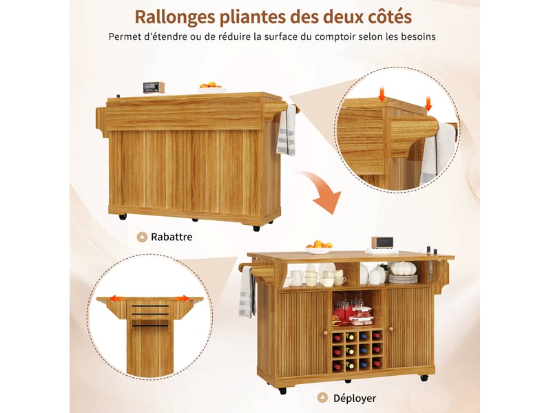  Desserte de cuisine 142,5x80x95 cm, plateau rabattable, roulettes, rangement cuisine, îlot, mdf et métal, brun foncé  - Conforama E