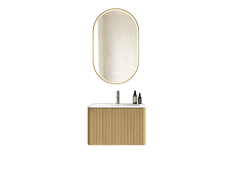 Meuble de salle de bains suspendu 61 cm avec vasque intégrée et miroir led anti-buée 50 x 80 cm, bois clair - Conforama A
