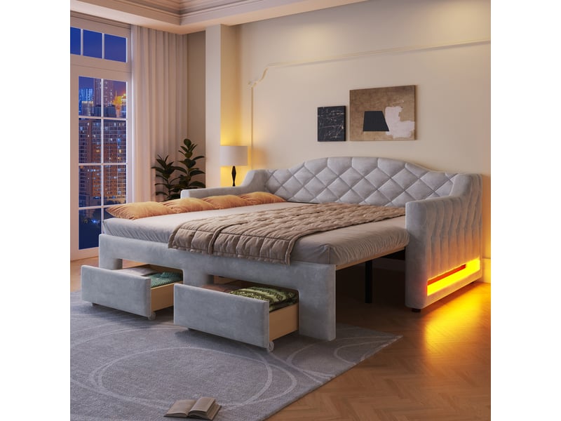  Canapé-lit extensible 90/180x200 cm, 2 tiroirs, led 7 couleurs, velours gris, sans matelas  - Conforama B