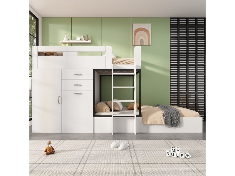  Lit superposé enfant avec bureau escamotable et armoire 90x200 cm blanc  - Conforama B