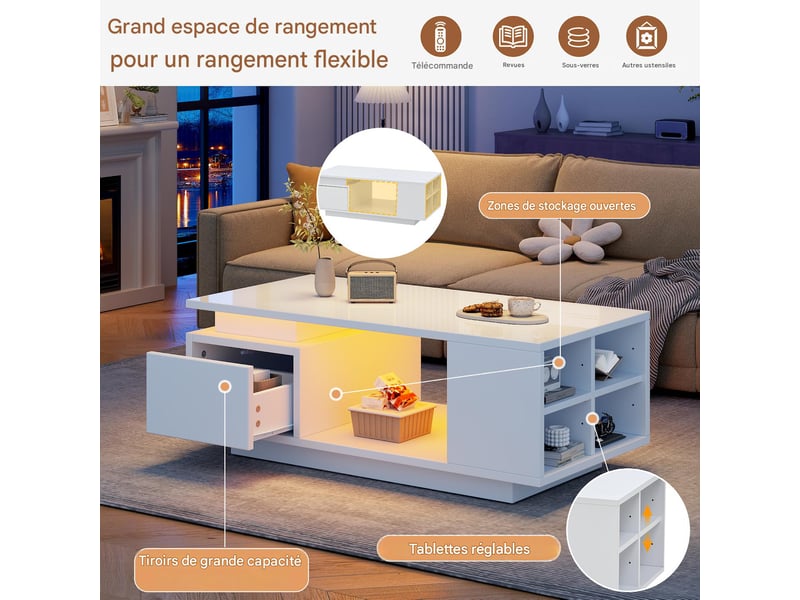  Table basse avec led et tiroir en panneau de particules blanc brillant 100x50x36 cm - pangivo  - Conforama D