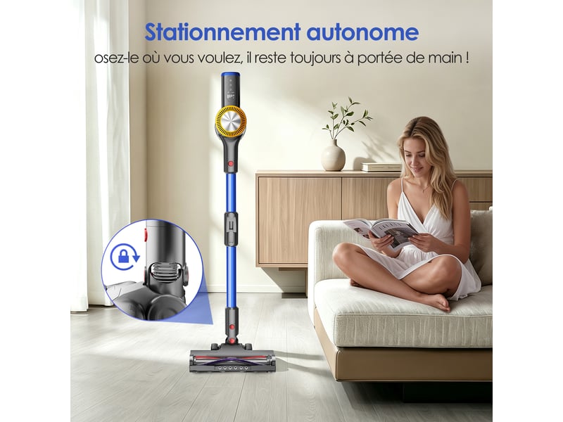  Aspirateur balai sans fil 55 000 pa, autonomie 70 min, led vert, aspirateur 6-en-1 avec tube flexible à 180°, bac à poussière 1,8 l, 4 filtres hepa h13 lavables inclus, sans sac, technologie anti-emmêlement des cheveux et poils  - Conforama W