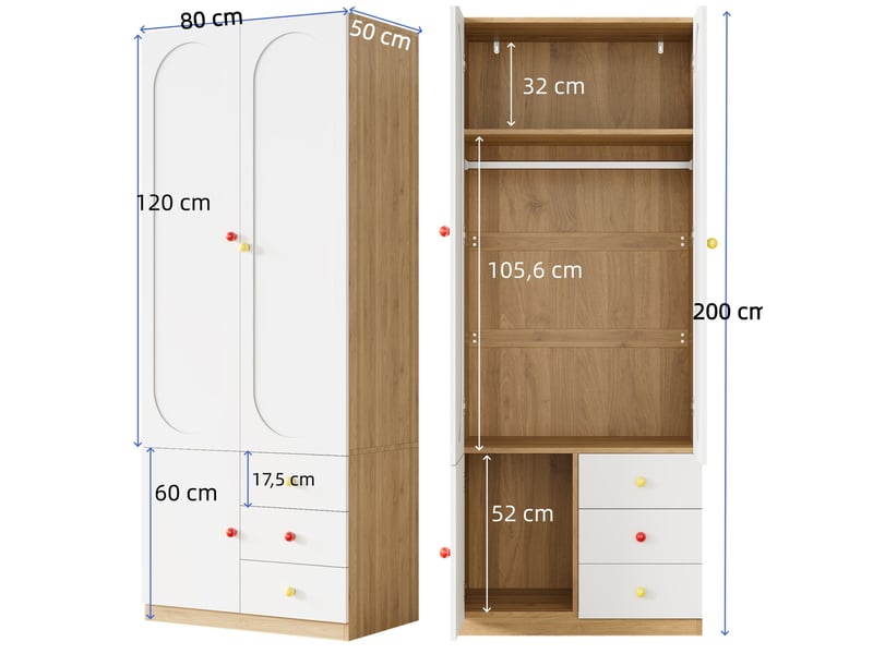 Lot de 2 armoires 2 portes avec tiroirs et tringle à vêtements, mdf blanc laqué, poignées en céramique - Conforama E