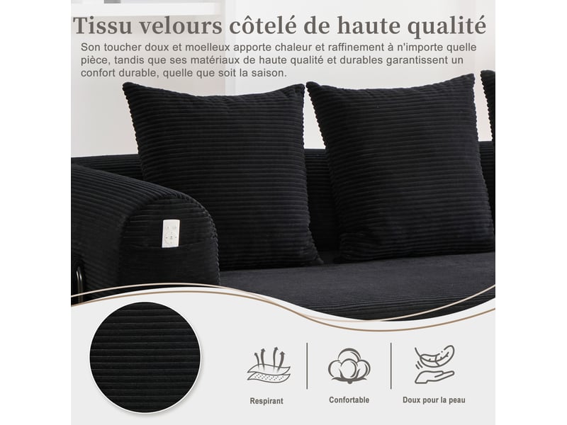  Canapé modulaire 3 places 200x94x67 cm – noir – velours côtelé, 3 coussins et poche latérale pratique  - Conforama E