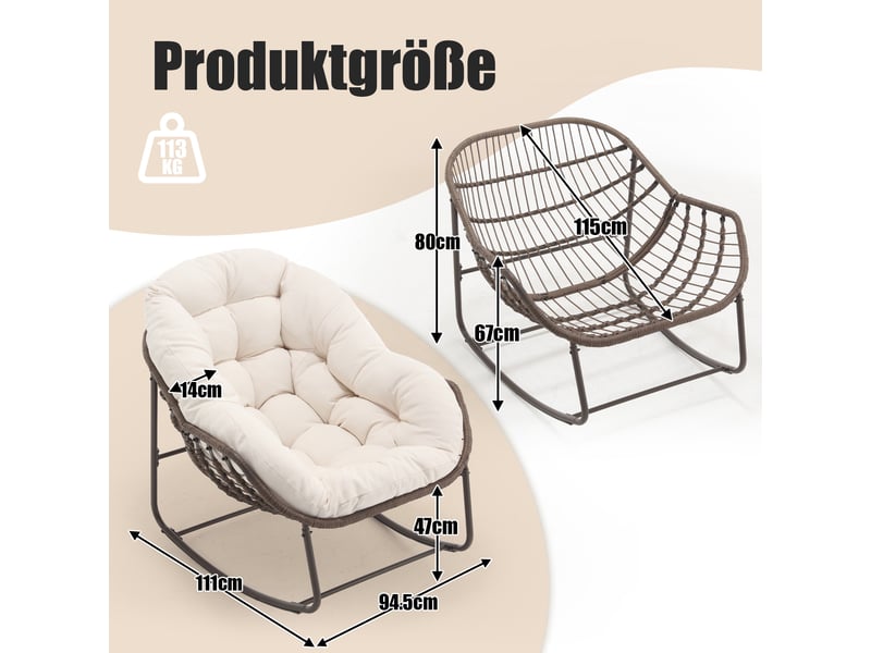 Cocon - lot de 2 fauteuils à bascule en rotin naturel – forme œuf et coussins blanc crème – confortable pour salon, véranda ou chambre - Conforama C