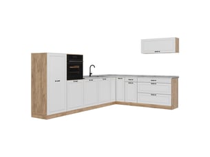 Vicco cuisine en angle, blanc campagnechêne doré, 327 x cm plan de travail marbre