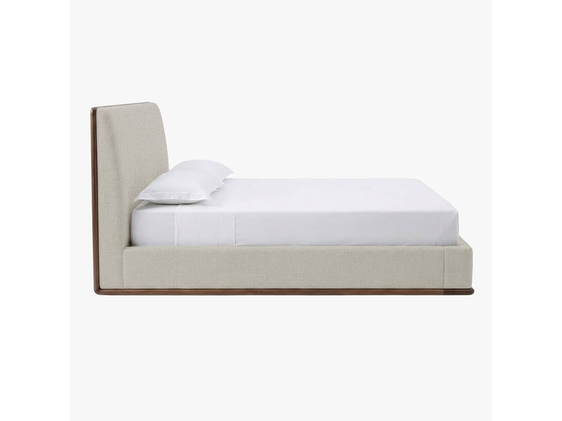  Lit double en tissu beige et bois foncé 160x200 cm  - Conforama E