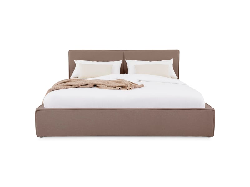  Lit double calm rembourré 160 x 200 cm avec tête de lit en tissu et sommier - beige  - Conforama D