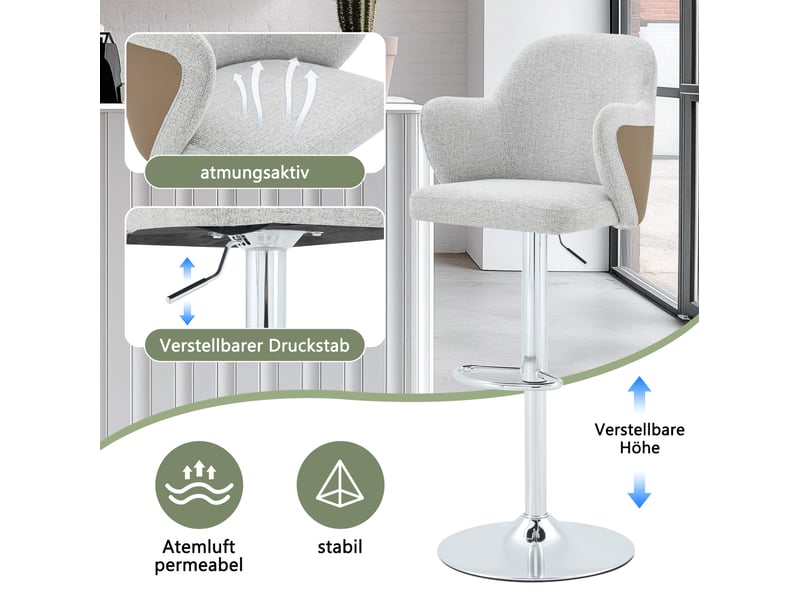  Tabouret de bar lot de 2 pivotant réglable en hauteur avec accoudoirs et repose-pieds, en tissu gris  - Conforama E
