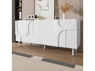 Buffet blanc design géométrique 160x70 cm meuble rangement cuisine mdf portes silencieuses