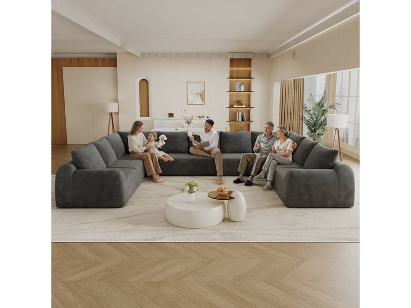 Canapé d’angle 9 places en forme u, canapé à compression de mousse, sans montage, chenille, gris foncé, 411x267x85 cm - Conforama D