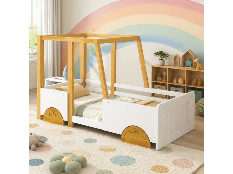  Lit enfant en forme de voiture 200×90 cm avec barrières sur quatre côtés, sans matelas, en pin et mdf blanc et naturel  - Conforama C