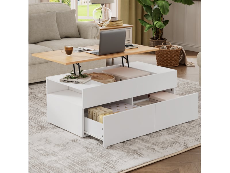  Table basse relevable 100 x 50 cm avec 2 tiroirs et rangement, blanc et bois  - Conforama E