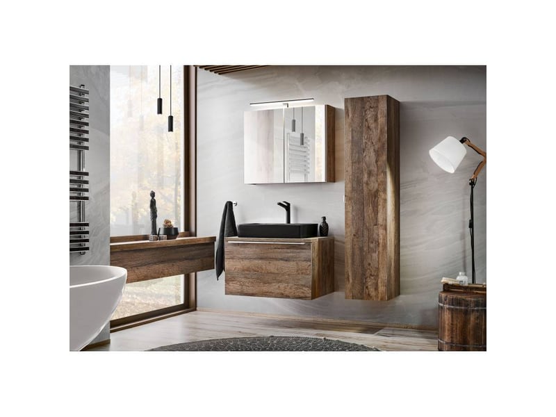 Ensemble salle de bain avec meuble vasque 80 cm + plateau + cabinet miroir + colonne - rosario oak - Conforama A