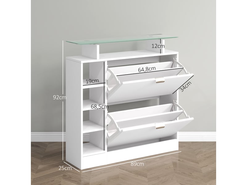  Meuble à chaussures avec 2 tiroirs rabattables 12 paires, plateau en verre et étagères réglables, 89 x 25 x 92 cm, blanc  - Conforama D