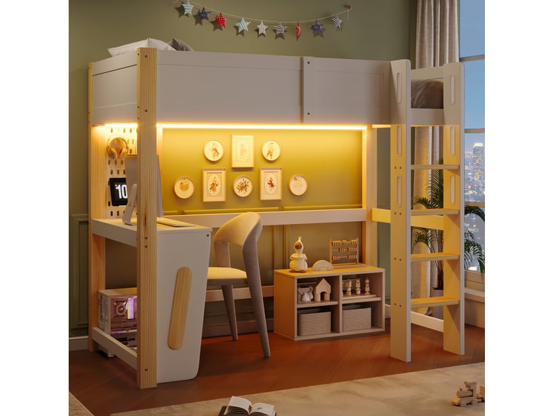 Lit mezzanine 90x200 cm avec bureau, panneau perforé, éclairage led, bois et mdf, blanc et naturel, sans matelas - Conforama B