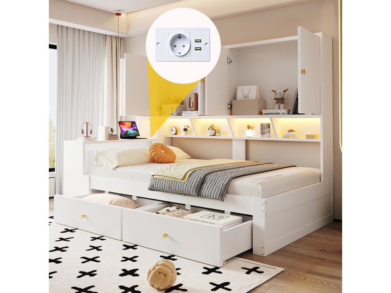 Lit multifonction en bois, 90 x 200 cm, avec bureau intégré et compartiments de rangement, tiroirs et prises électriques, blanc - Conforama D