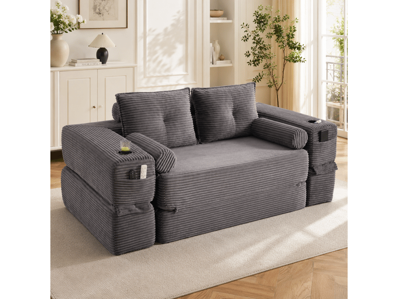  Canapé convertible 2 places en velours côtelé gris foncé avec poches et porte-gobelet  - Conforama B