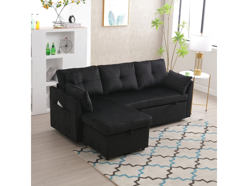  Canapé modulable convertible noir en velours côtelé 206x108x66 cm avec rangement et lit gigogne pour salon 206x108x66cm - Conforama B