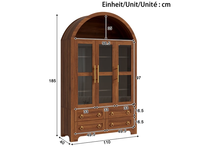  Buffet 110x40x185 cm avec 3 portes vitrées et 4 tiroirs coloris noyer  - Conforama C