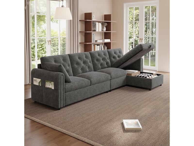  Canapé d'angle, canapé velours — 281 × 86 × 71 cm, en velours, avec rangement, gris  - Conforama A