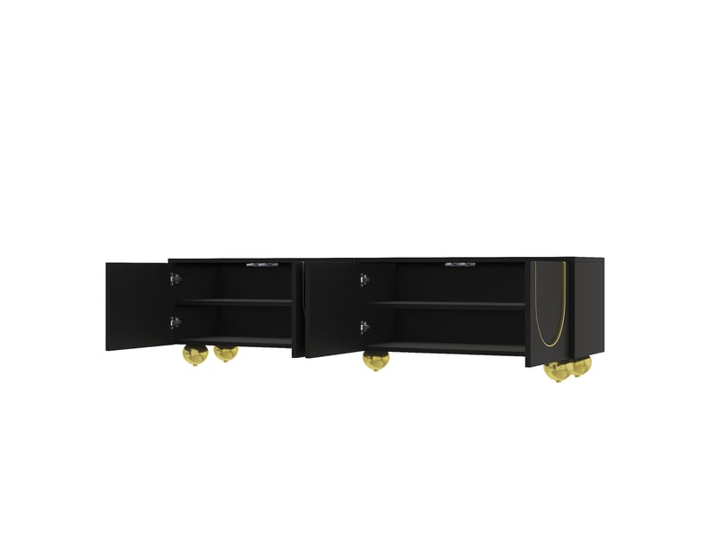  Meuble tv avec portes structurées et étagères, pieds ronds dorés, ouverture push-to-open – design moderne  - Conforama D