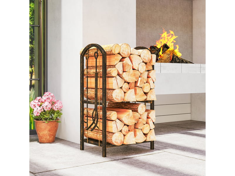  Porte-bûches intérieur 2 niveaux avec 4 outils de cheminée, métal, 43 x 30 x 74 cm  - Conforama D