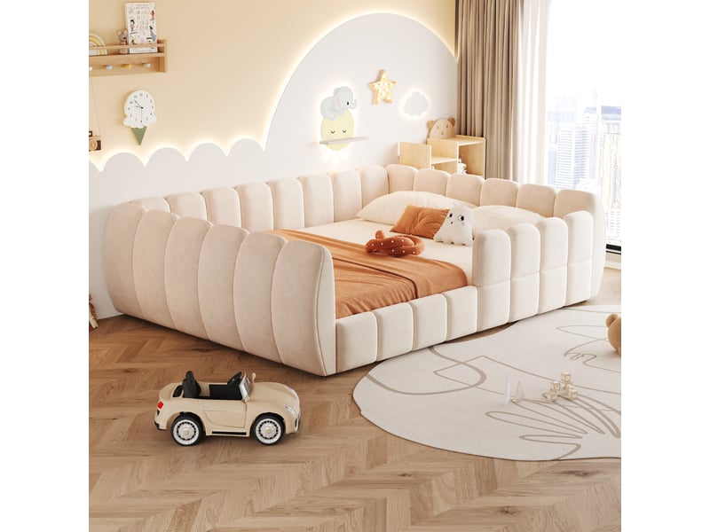  Lit enfant 140x200 cm au sol avec tête de lit rembourréee lit double bas aux formes arrondies en tissu rembourré beige  - Conforama D