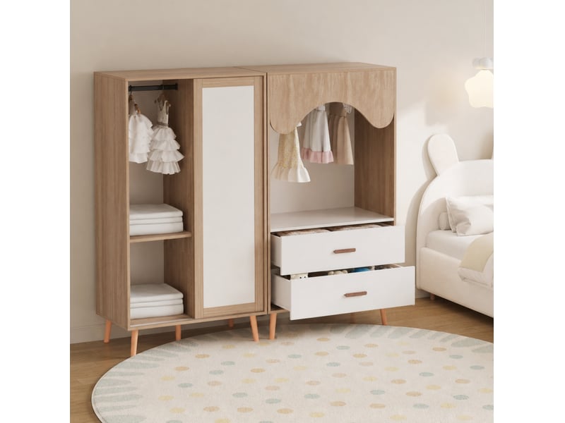  Armoire combinée tcqpz enfant avec porte coulissante, armoire ouverte, tiroirs et tringle, 160 x 46 x 141,5 cm, blanc et bois naturel  - Conforama D
