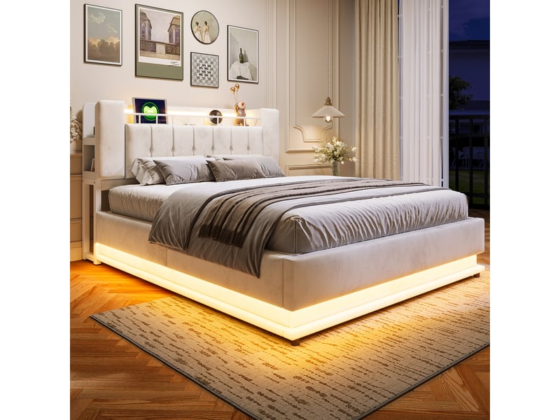  Lit capitonné intelligent 160 x 200 cm beige avec led, usb, coffre hydraulique et tissu velours pour chambre  - Conforama D