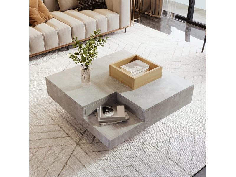 Table basse 72x72x30 cm avec boîte de rangement amovible, plateau carré et base centrale, panneaux, gris béton et bois ABC - Conforama D