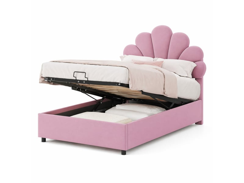  Lit coffre 1 place en velours rose avec tête de lit florale et rangement hydraulique, 200x90 cm, sans matelas  - Conforama A