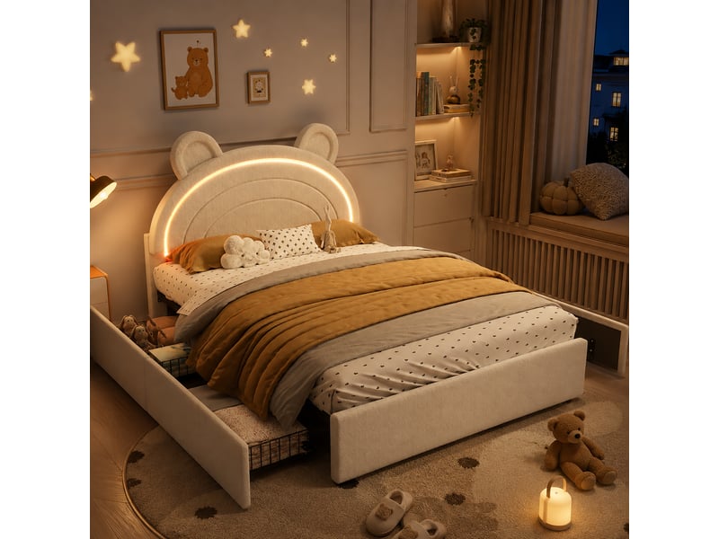  Lit enfant rembourré 140 x 200 cm, tête de lit motif ours, 4 tiroirs latéraux et led connectée, beige ABC - Conforama B