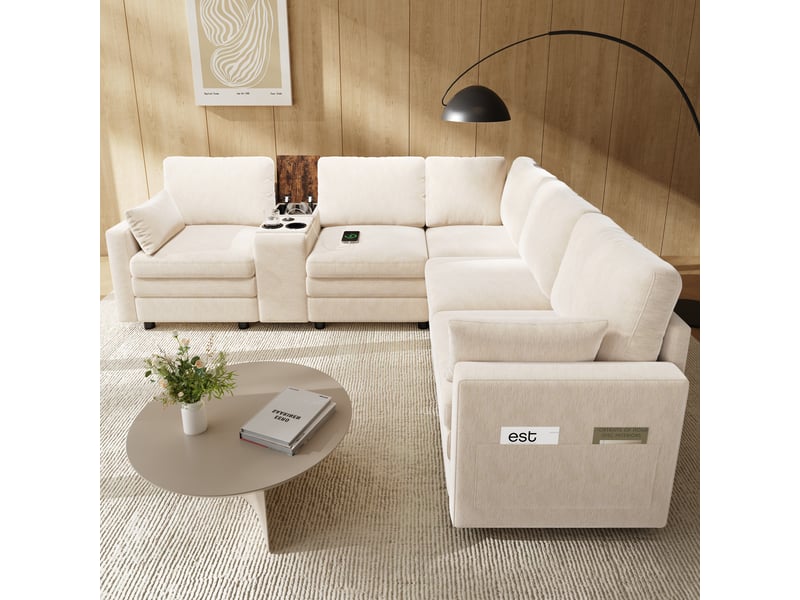 Canapé d'angle cloud 5 places 227x202x83 cm en chenille - console centrale usb-c porte-gobelets rangement intégré - beige BUYDEEMEUS - Conforama D