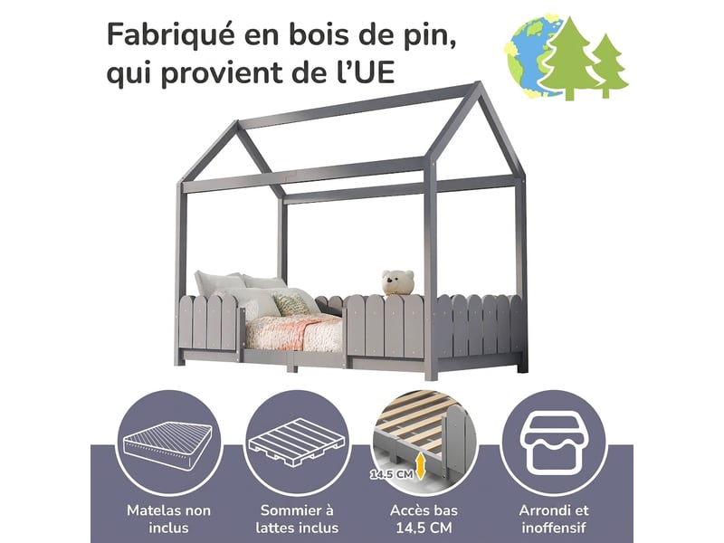  Lit cabane 90x200 enfant bois massif gris avec barrière de sécurité et sommier à lattes  - Conforama E