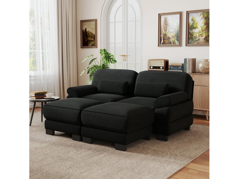  Canapé modulable 2 places avec 2 poufs en velours côtelé noir  - Conforama D