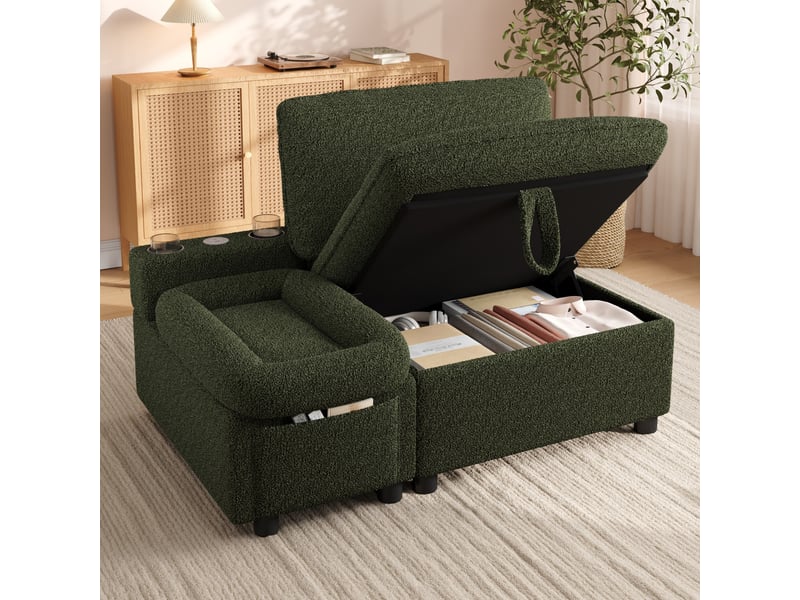  Fauteuil 1 place 110x81x87 cm, canapé avec rangement, rangement dissimulé, rangement intégré, ports usb et type-c, design moderne, tissu bouclé vert CozyNest - Conforama D