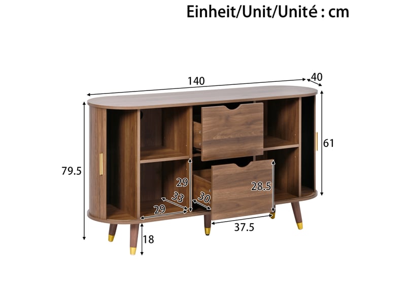 Buffet 140x40x79.5 cm, portes texturées verticales et 2 tiroirs en mdf coloris noyer - Conforama E