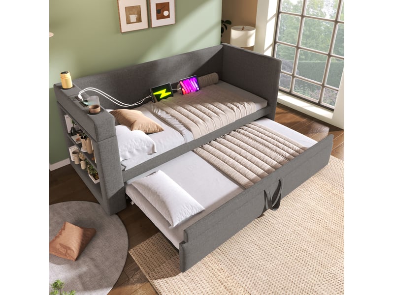  Lit gigogne 90x190 cm avec lit tiroir, usb et type-c, porte-gobelets, tissu gris, sans matelas  - Conforama B