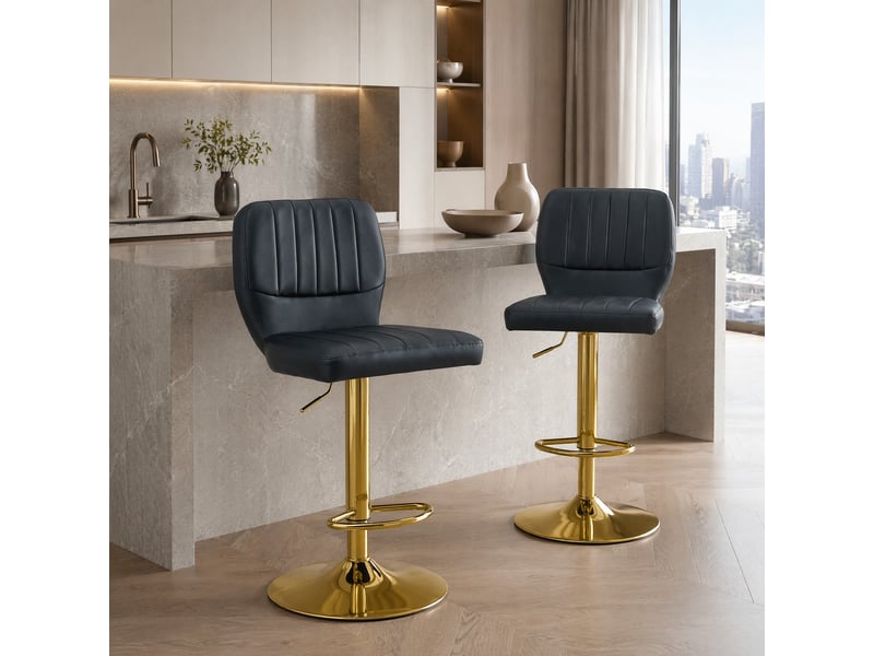  Tabouret de bar lot de 2 réglable 62-83 cm, pivotant avec dossier et repose-pieds, en pu noir et métal doré  - Conforama D