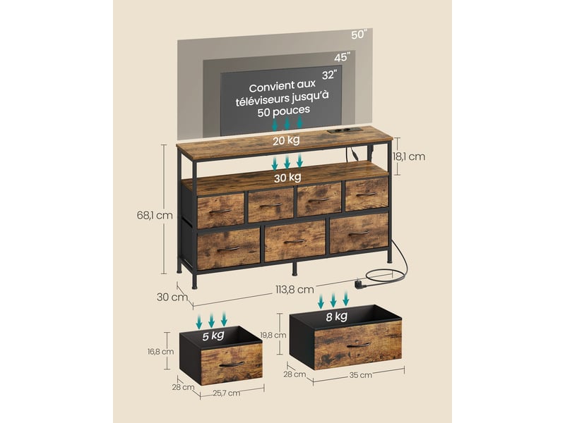 Commode de rangement industrielle avec éclairage led 30 x 113,8 x 68,1 cm 7 tiroirs en aggloméré marron rustique 12_0012799  - Conforama E