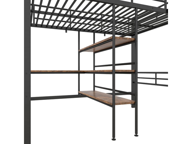  Lit mezzanine enfant 90 x 200 cm avec bureau et étagères, structure en métal noir, échelle et garde-corps  - Conforama R